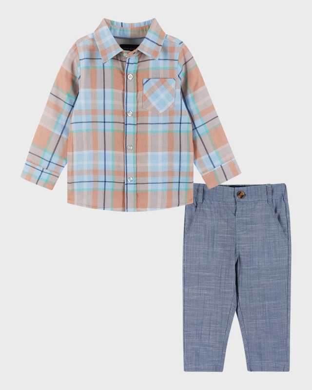 Boy's Plaid Button Down Shirt W/ Bow Tie & Pants Set, Size Newborn-24