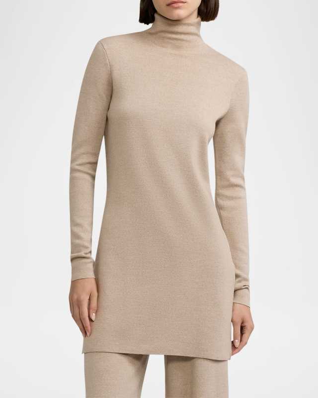 Mock-Neck Sleek Merino-Knit Tunic Sweater