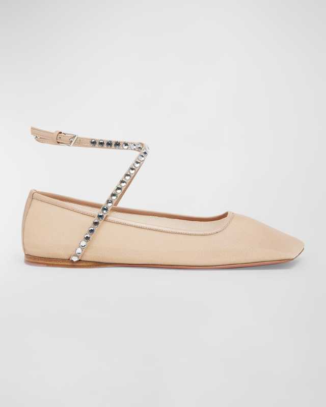 Ane Mesh Crystal Ankle-Strap Ballerina Flats