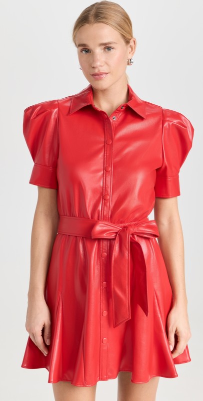 alice + olivia Lurlene Vegan Godet Mini Dress Bright Ruby