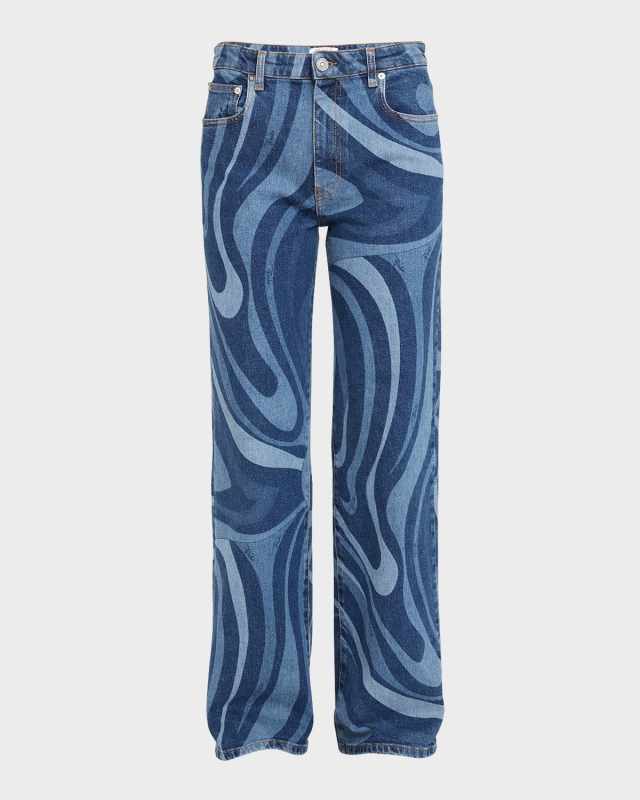Mid-Rise Swirl-Print Denim Straight-Leg Trousers