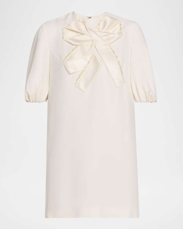 Bow Puff-Sleeve Mini Shift Dress