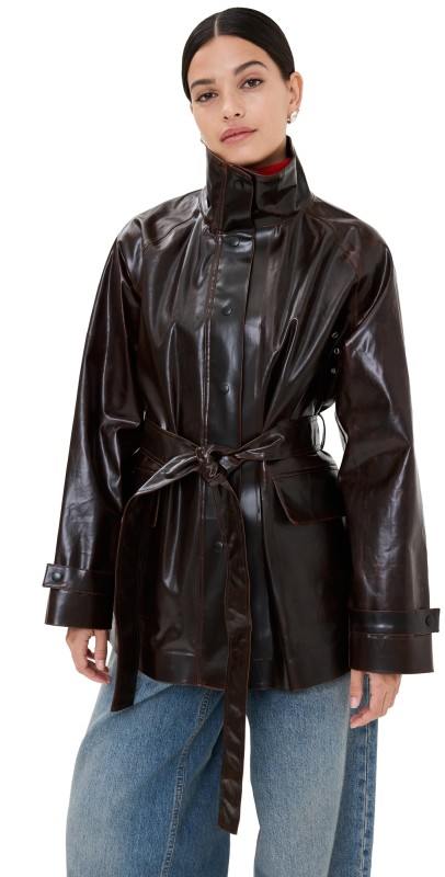 Proenza Schouler Finch Raincoat In Lacquered Cotton Dark Brown/Black