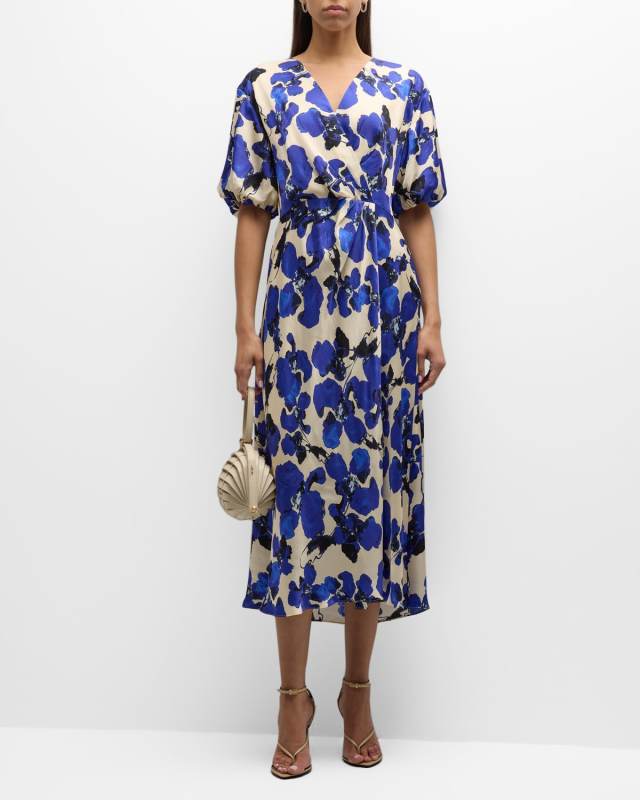 Meadow Puff-Sleeve Midi Faux-Wrap Dress
