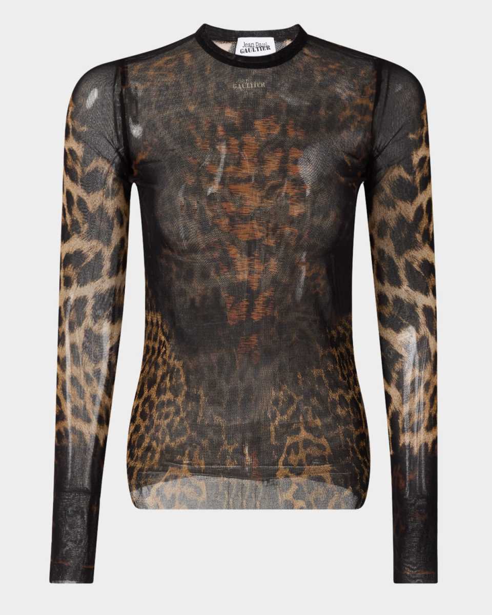 Leopard-Print Label Mesh Long-Sleeve Top