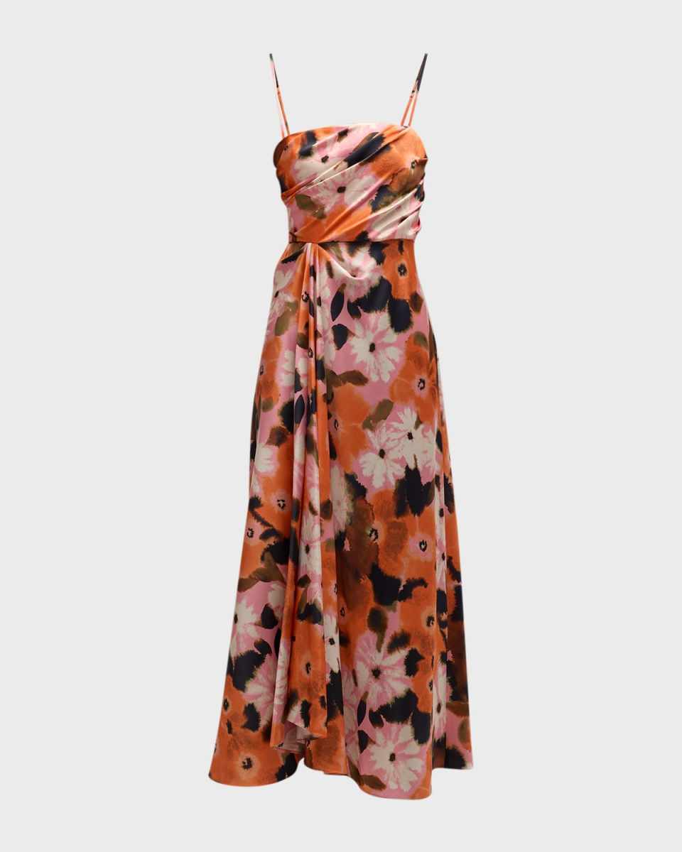Chloe Draped Charmeuse Spaghetti-Strap Midi Dress