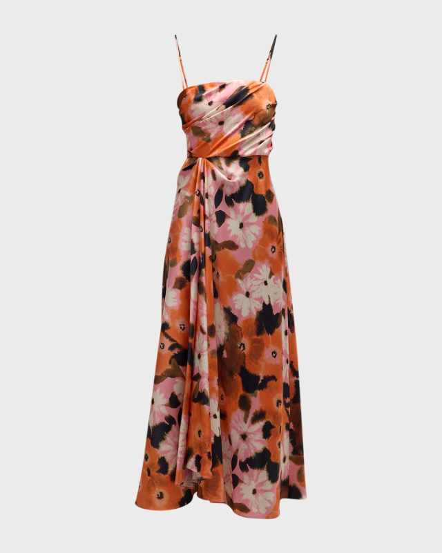 Chloe Draped Charmeuse Spaghetti-Strap Midi Dress