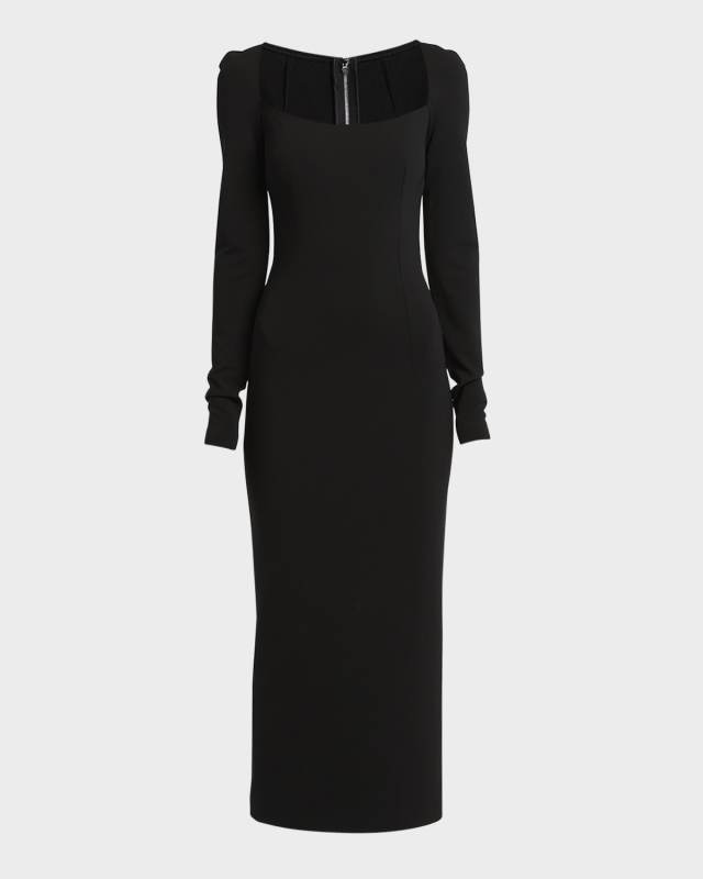 Square-Neck Long-Sleeve Milano Jersey Midi Dress