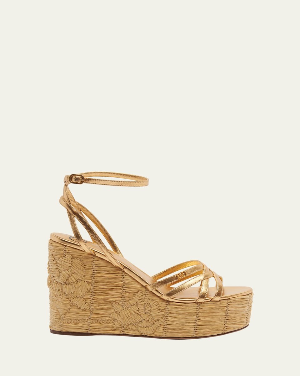 Metallic Ankle-Strap Wedge Espadrille Sandals