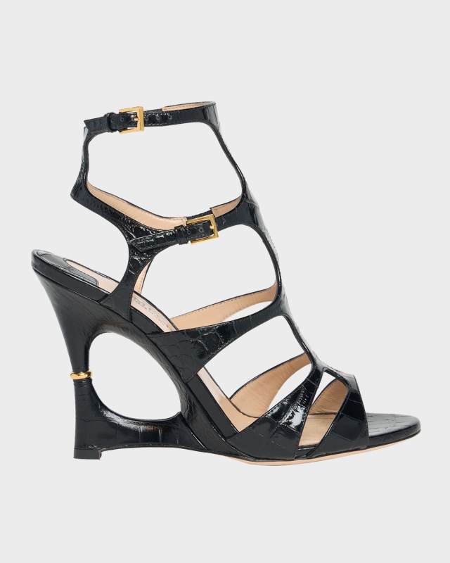 Crocodile-Embossed Caged Wedge Sandals