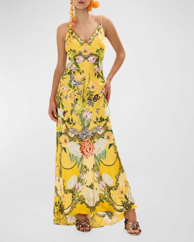 Floral Silk Long Bias Slip Dress with Train