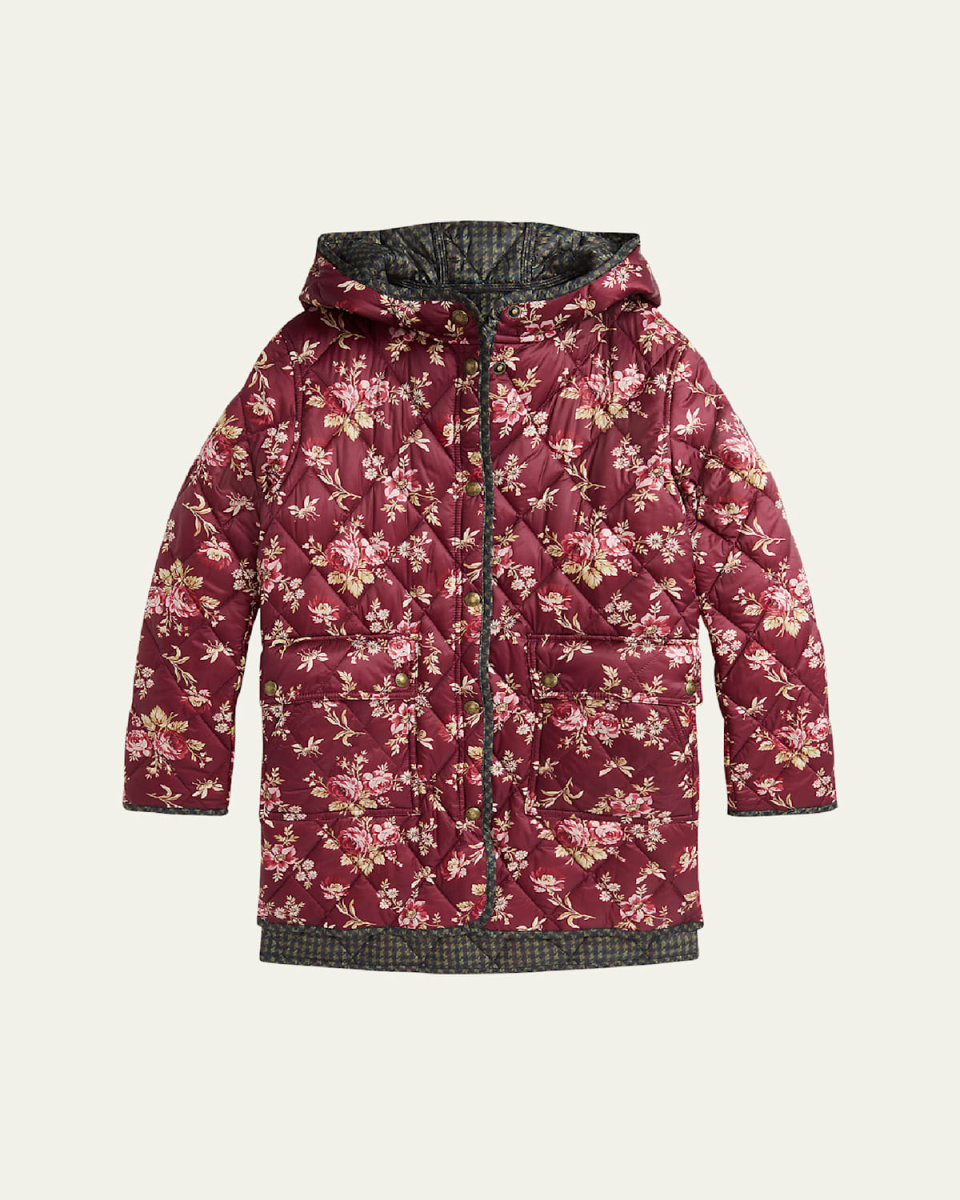 Girl's Floral-Print Quilted Coat, Size S-X