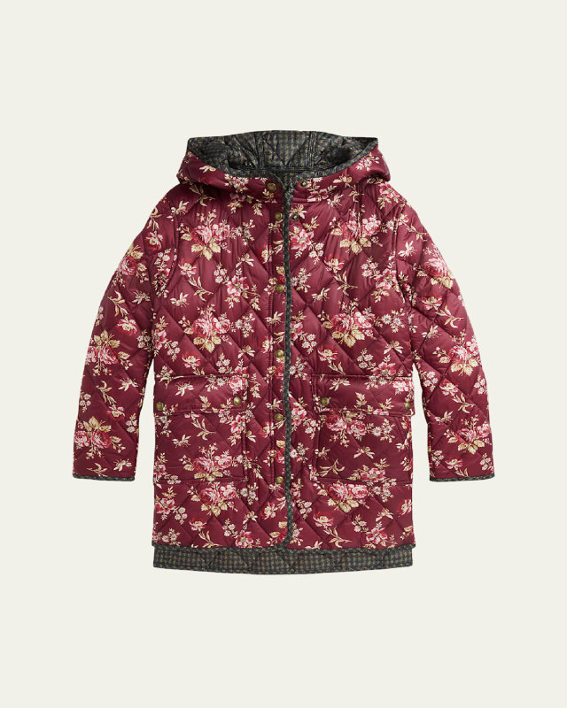 Girl's Floral-Print Quilted Coat, Size S-X