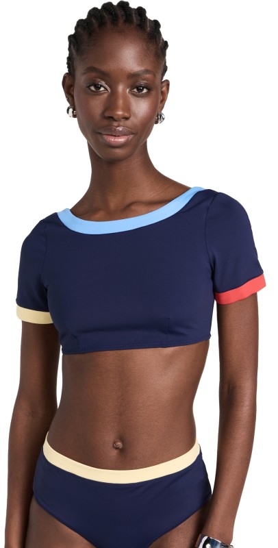 STAUD Lilyhortleeve Bikini Top Navy Colorblock