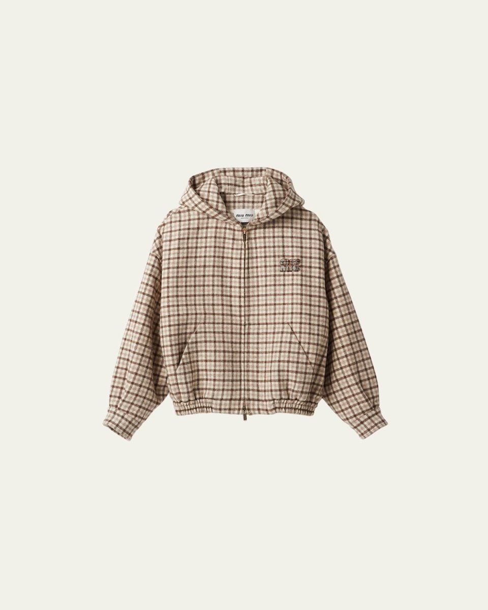 Check Hooded Cropped Wool Jacket