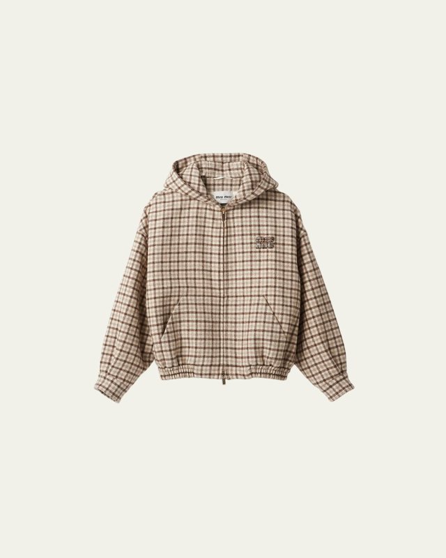 Check Hooded Cropped Wool Jacket