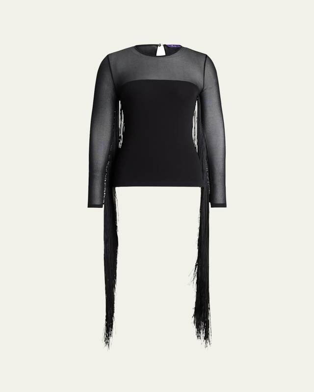 Fringe-Trim Sheer Knit Top