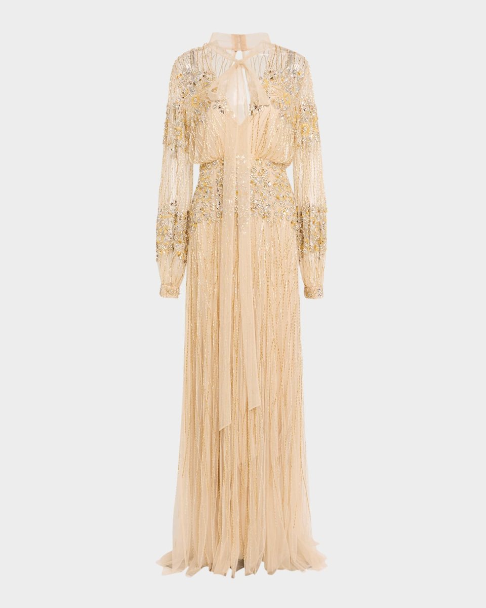 Plunging Gothic Embellished Long-Sleeve Gown