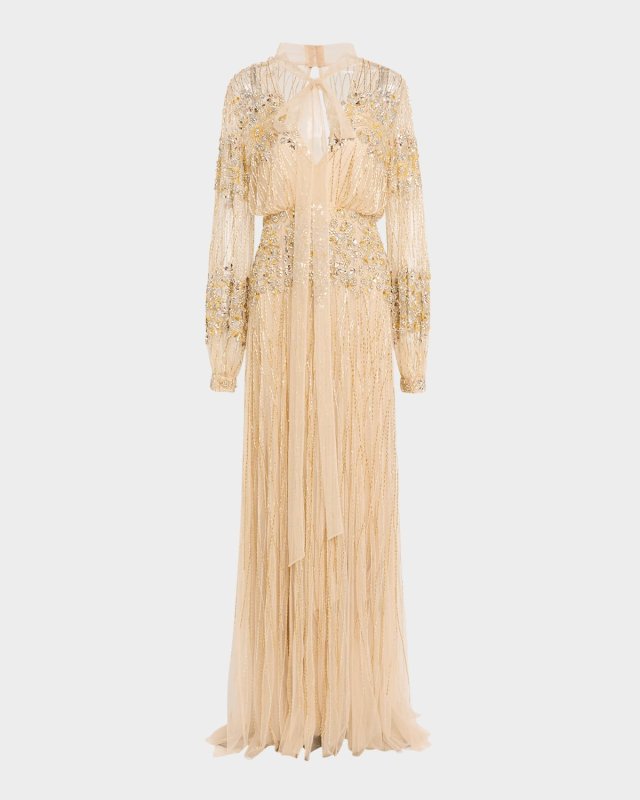 Plunging Gothic Embellished Long-Sleeve Gown