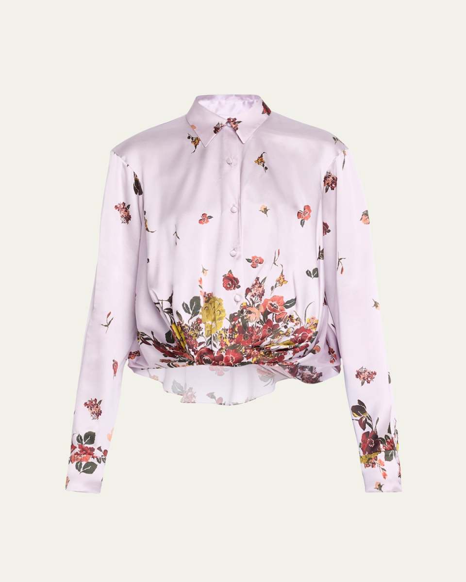 Butterfly Print Twist-Front Silk Blouse
