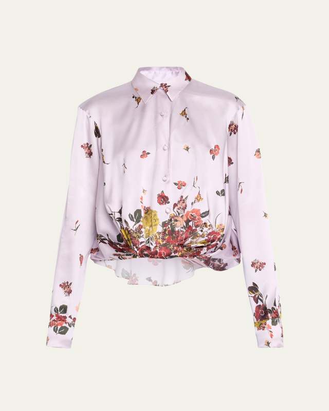 Butterfly Print Twist-Front Silk Blouse