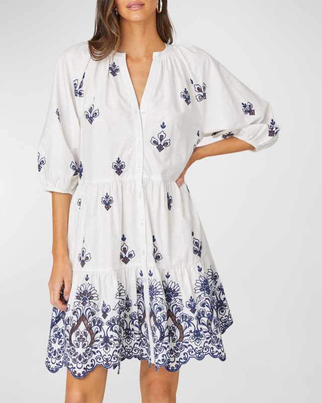 Embroidered Balloon-Sleeve Mini Dress