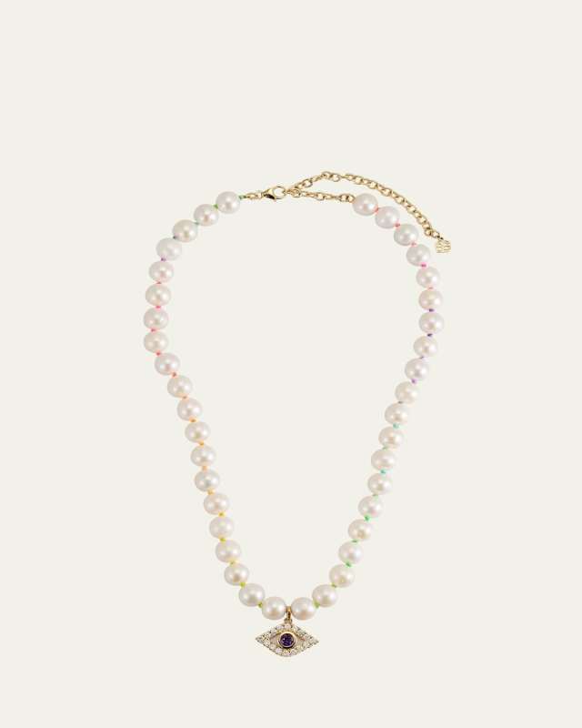 14K Gold Bezel Evil Eye Charm Freshwater Pearl Necklace