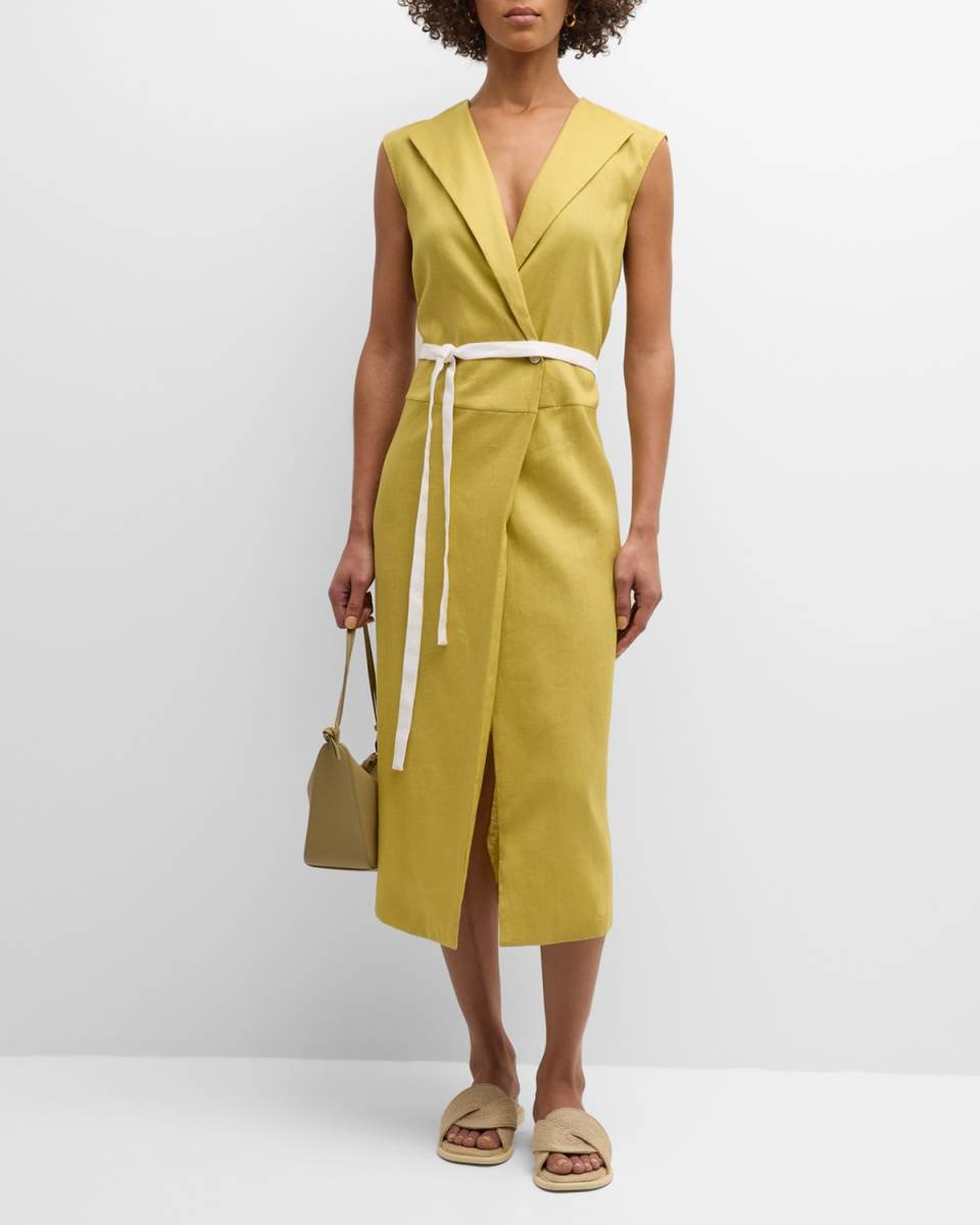 Sleeveless Belted Linen Midi Wrap Dress