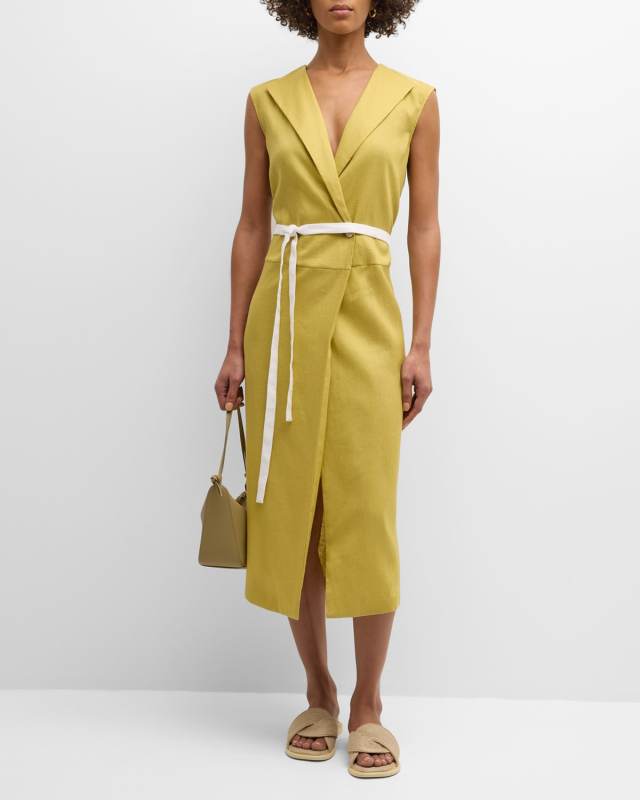 Sleeveless Belted Linen Midi Wrap Dress