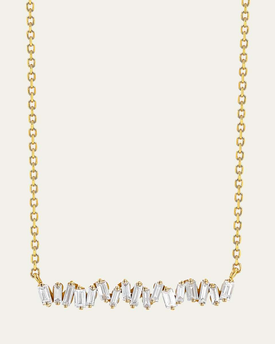 18K Yellow Gold Classic Bar Necklace with White Diamond Baguettes
