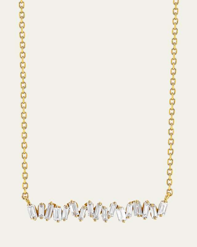 18K Yellow Gold Classic Bar Necklace with White Diamond Baguettes