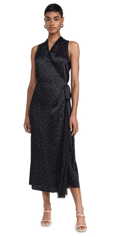 Vince Dot Wrap Dress with Paneled Chiffon Black
