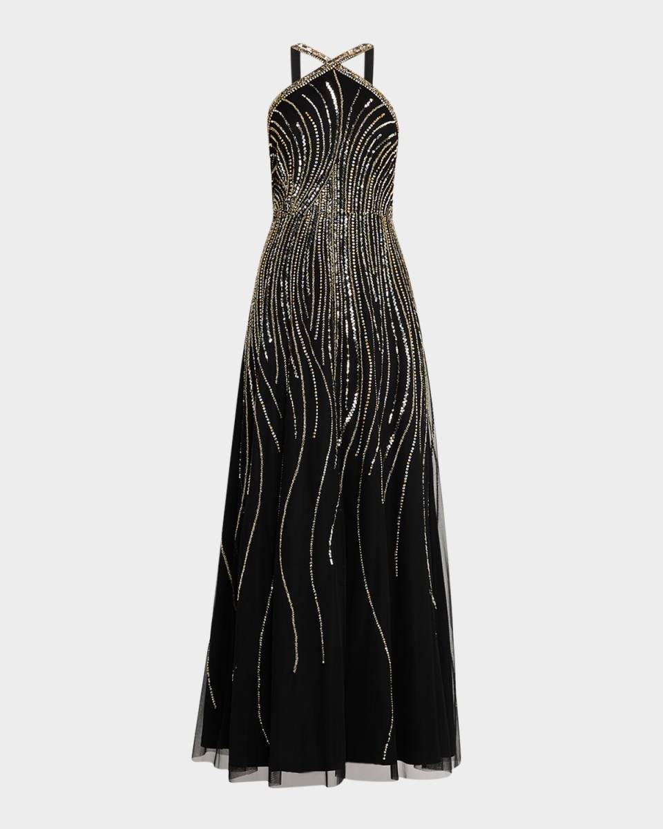 Beaded A-Line Halter Gown