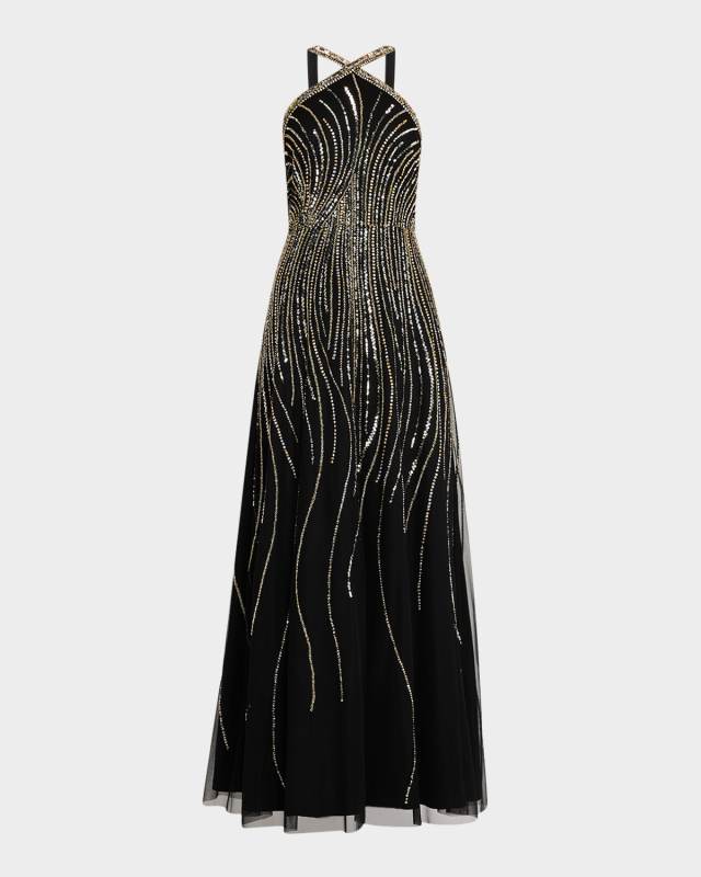 Beaded A-Line Halter Gown