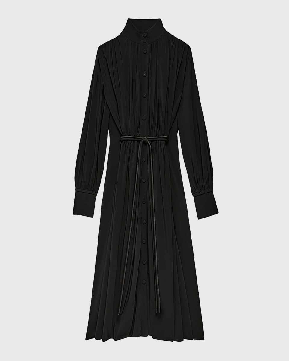 Long Pleated Drawstring Shirtdress