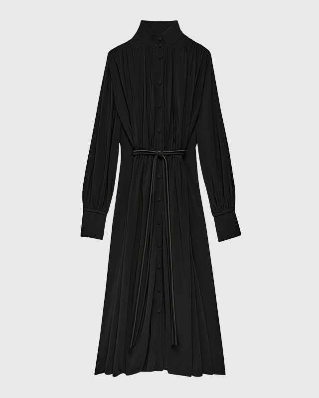 Long Pleated Drawstring Shirtdress