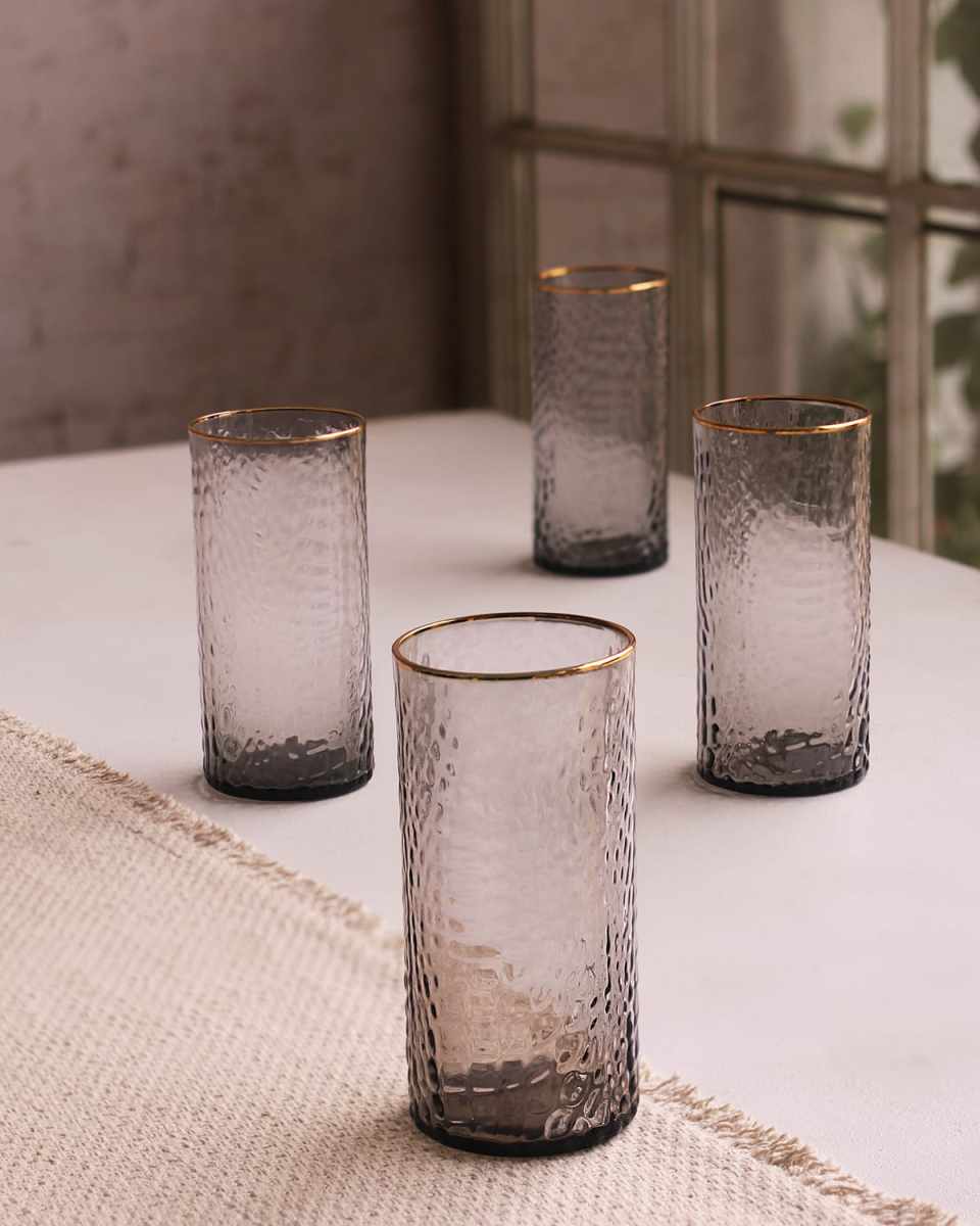 Glass Croc Smoke Highball with Gold Rim, Set of 4