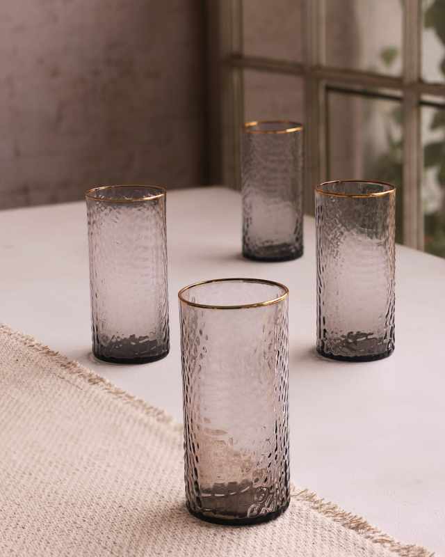 Glass Croc Smoke Highball with Gold Rim, Set of 4