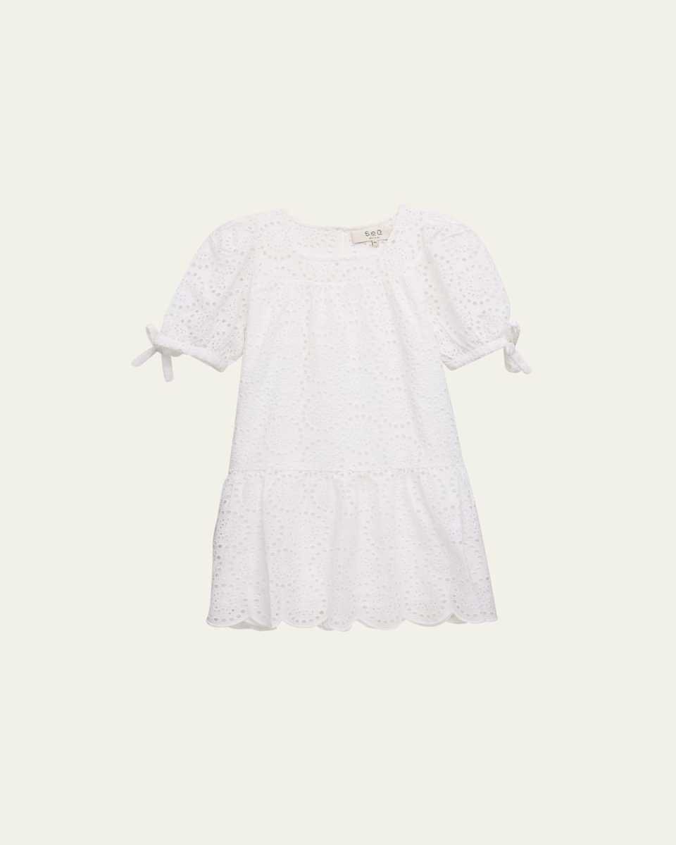 Girl's Eyelet Embroidered Puff-Sleeve Dress, Size 2-14