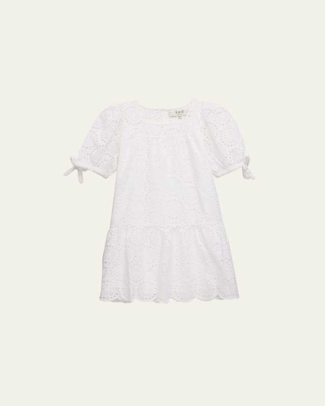 Girl's Eyelet Embroidered Puff-Sleeve Dress, Size 2-14