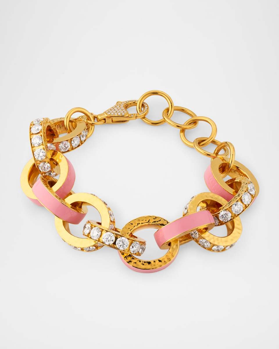 20K Yellow Gold Big Link Pink Enamel and Diamond Bracelet
