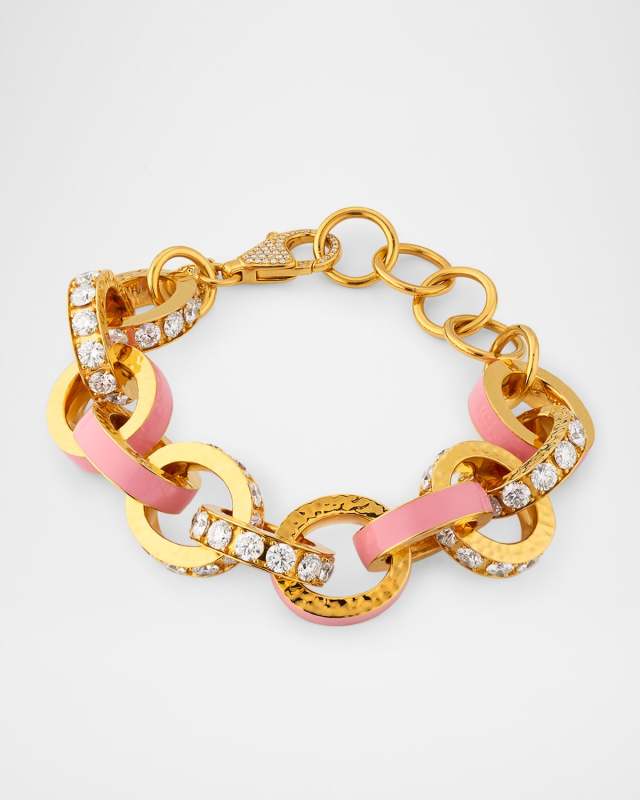 20K Yellow Gold Big Link Pink Enamel and Diamond Bracelet