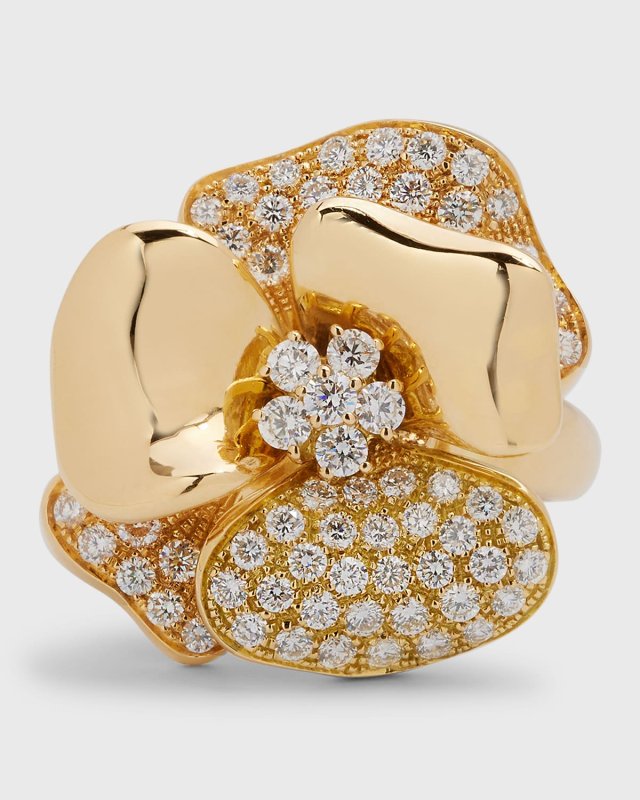 18K Yellow Gold Half Diamond Flower Ring, Size 7