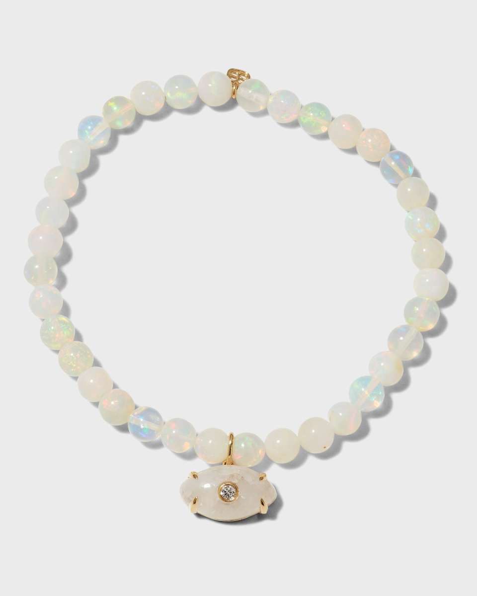 5mm Smooth White Opal Bracelet with Carved Stone Eye Charm