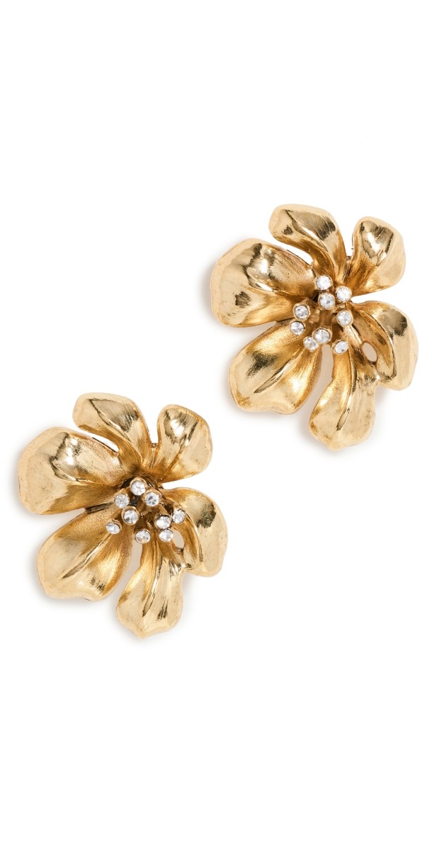 Oscar de la Renta Flower Button Earrings with Crystals Gold