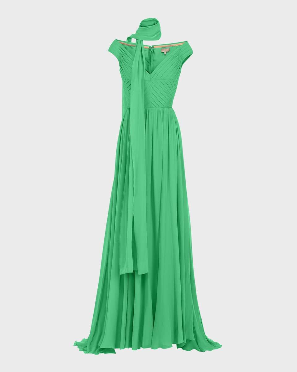 Pleated Silk Gown with Scarf and Belted Waist