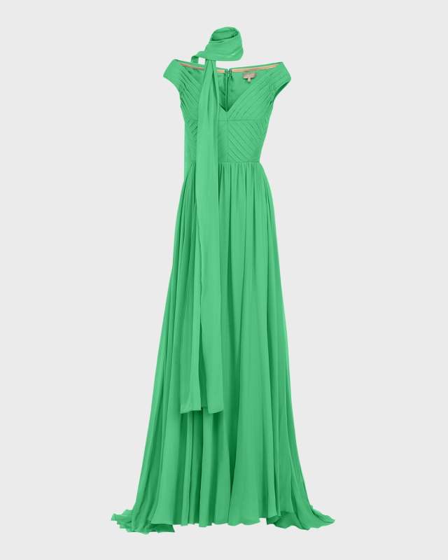 Pleated Silk Gown with Scarf and Belted Waist