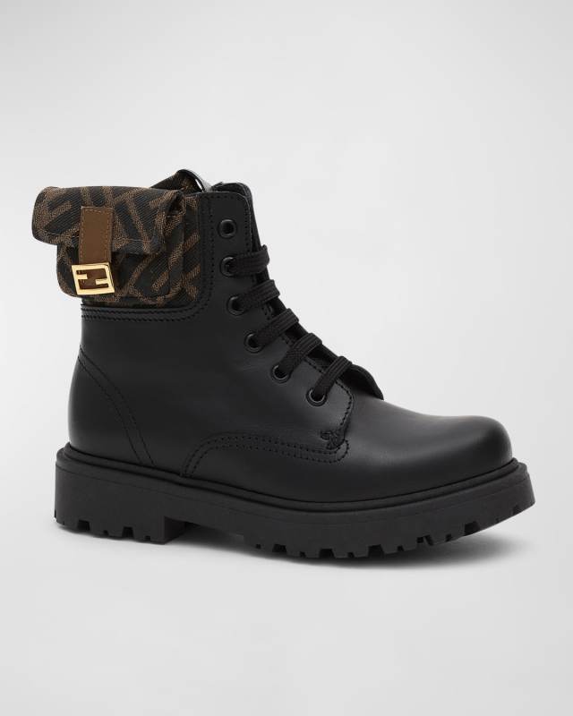 Girl's FF Monogram Leather Lace-Up Boots