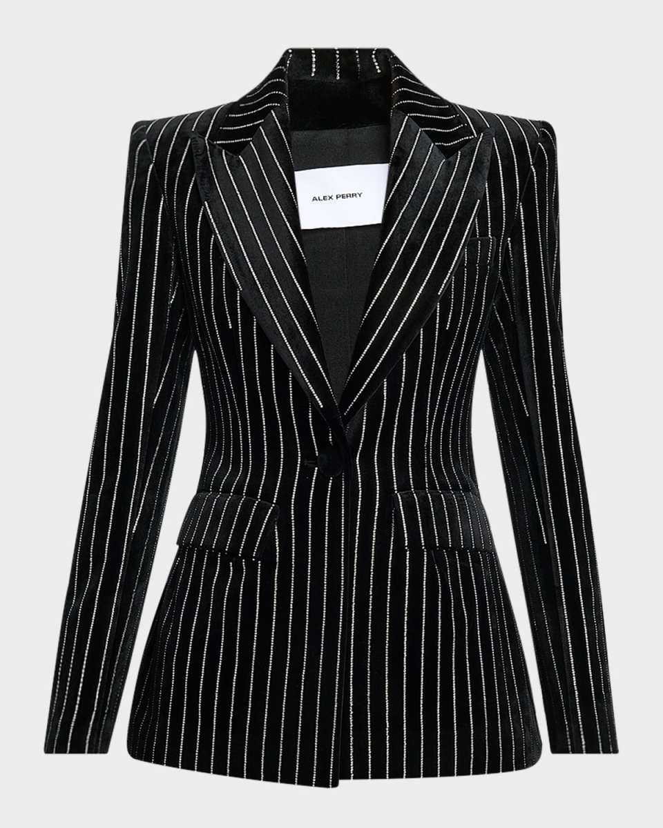 Crystal Pinstripe Velvet Single-Breasted Fitted Blazer