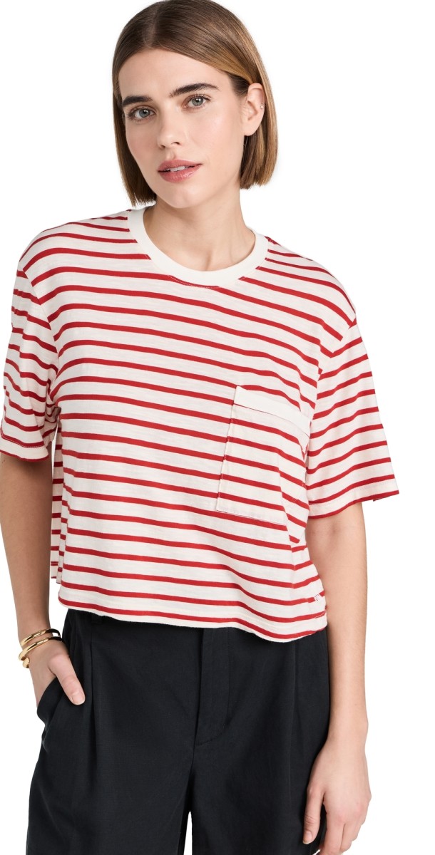 MONROW Stripe Jersey Crop Pocket Tee Red Stripe